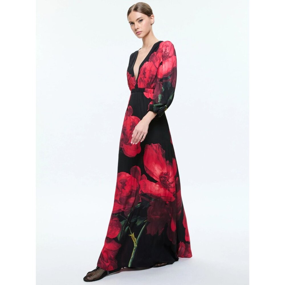 Alice + Olivia Clarissa Maxi Dress 2 in Peony Petals Bright Ruby NWT $695 - Picture 6 of 16